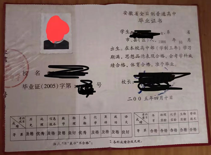 安徽省2005年高中毕业证样本