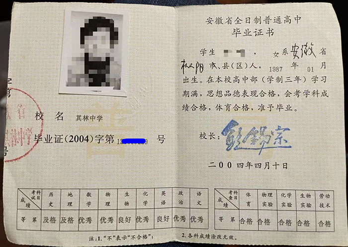 安徽省2004年高中毕业证样本