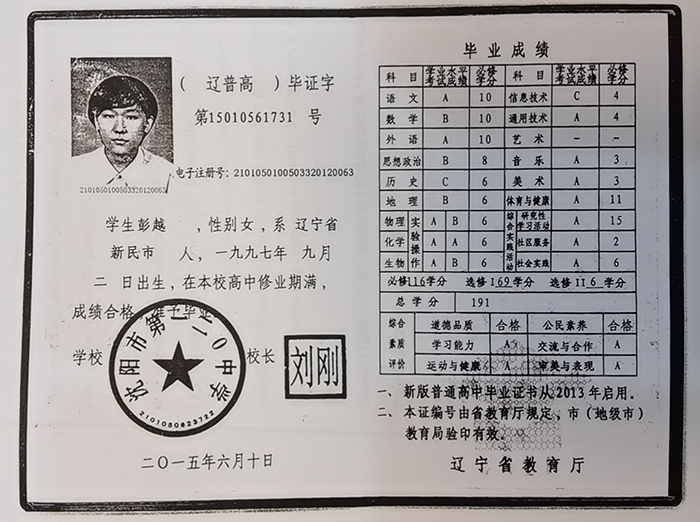 庄河市2015年高中毕业证样本