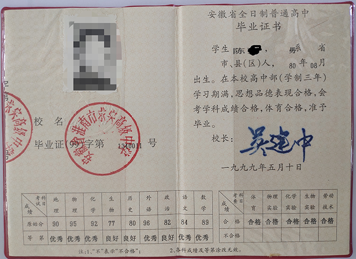 1990年安徽省高中毕业证样本及补办