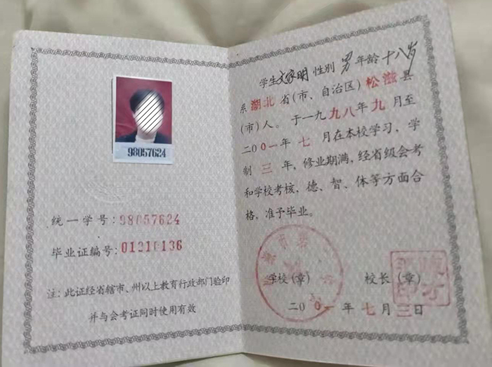 武汉市2001年高中毕业证内芯