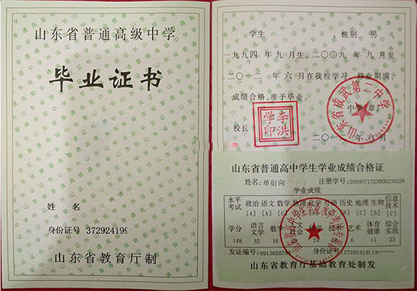 山东省2008年高中毕业证图片