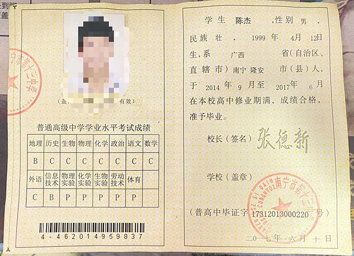 广西平南县1994年高中毕业证样本—附编号规则、查询方法与补办流程